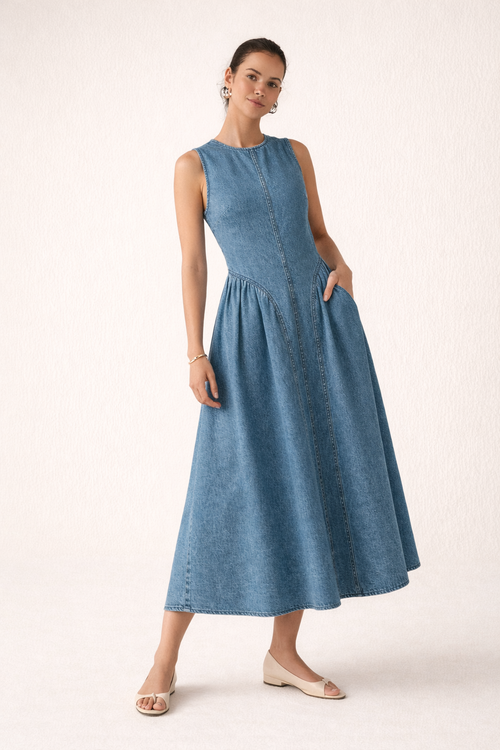 Ärmelloses Jeanskleid Midi ärmelloses Kleid baggy lässiges Sommerkleid - Keyla