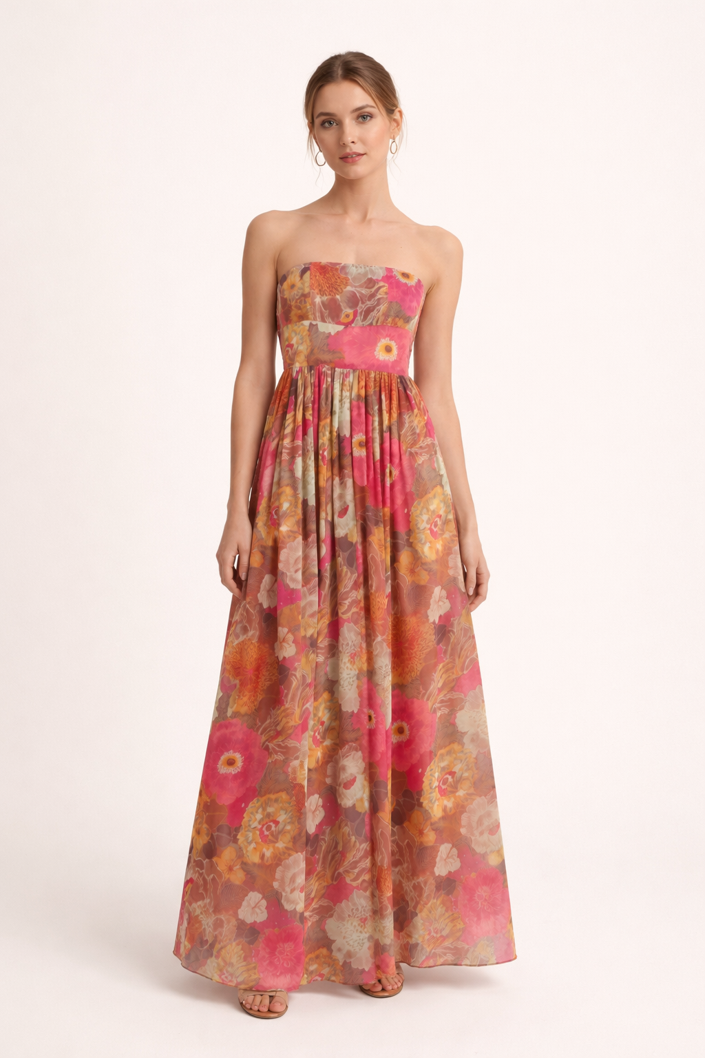 Trägerloses langes Damenkleid mit Blumendruck - Tifanny