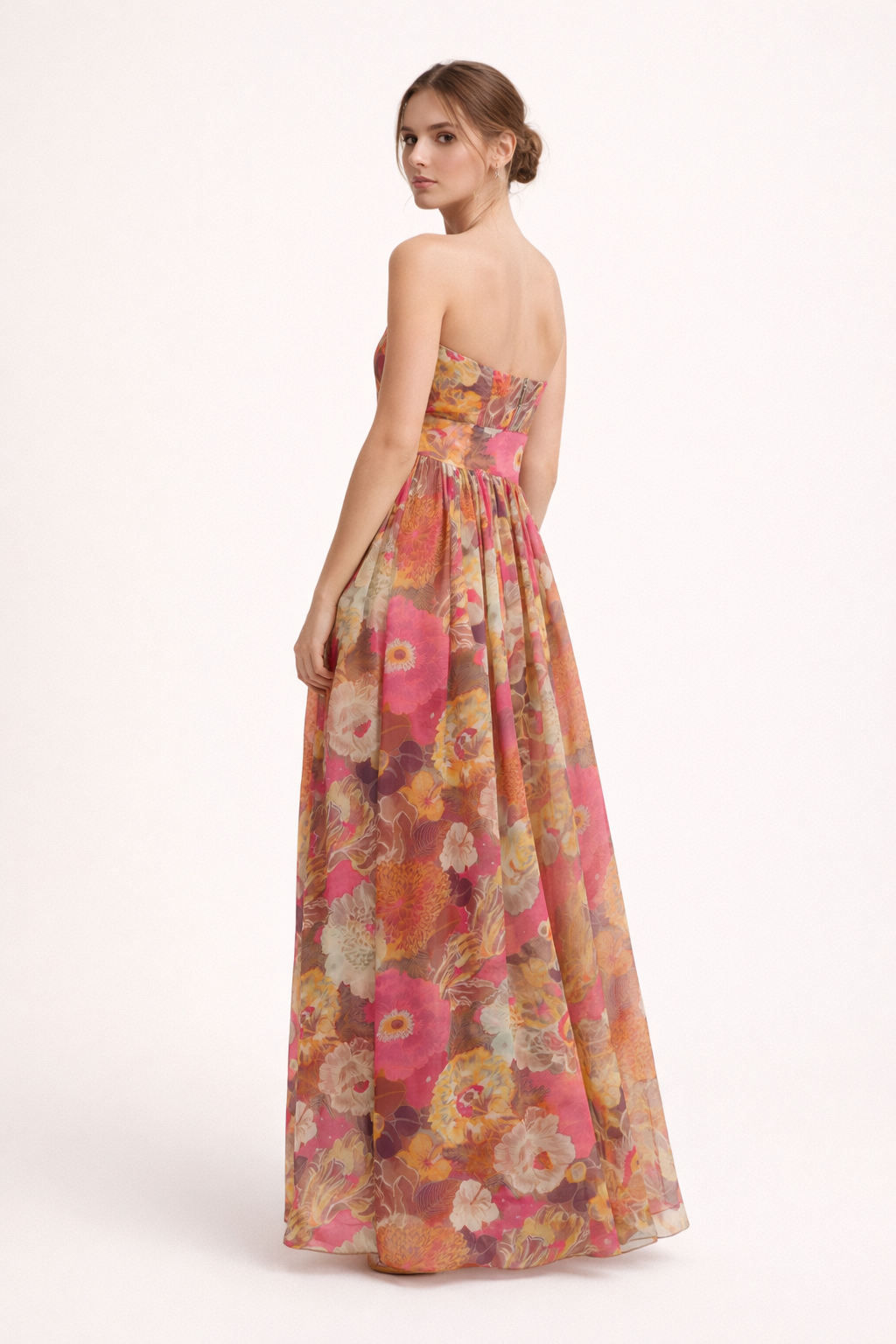 Trägerloses langes Damenkleid mit Blumendruck - Tifanny
