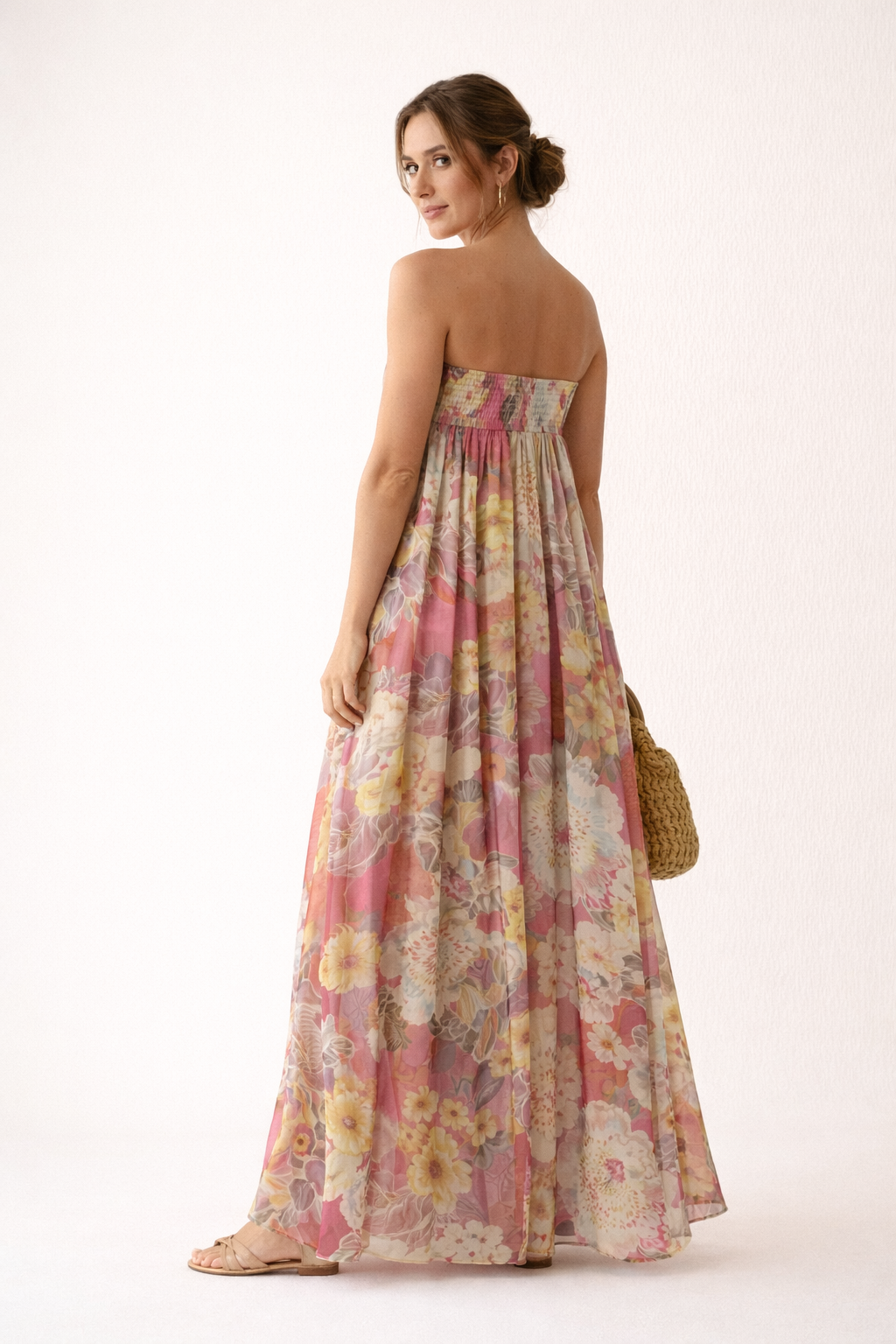 Trägerloses langes Kleid mit Blumendruck für Frauen - Quinzy