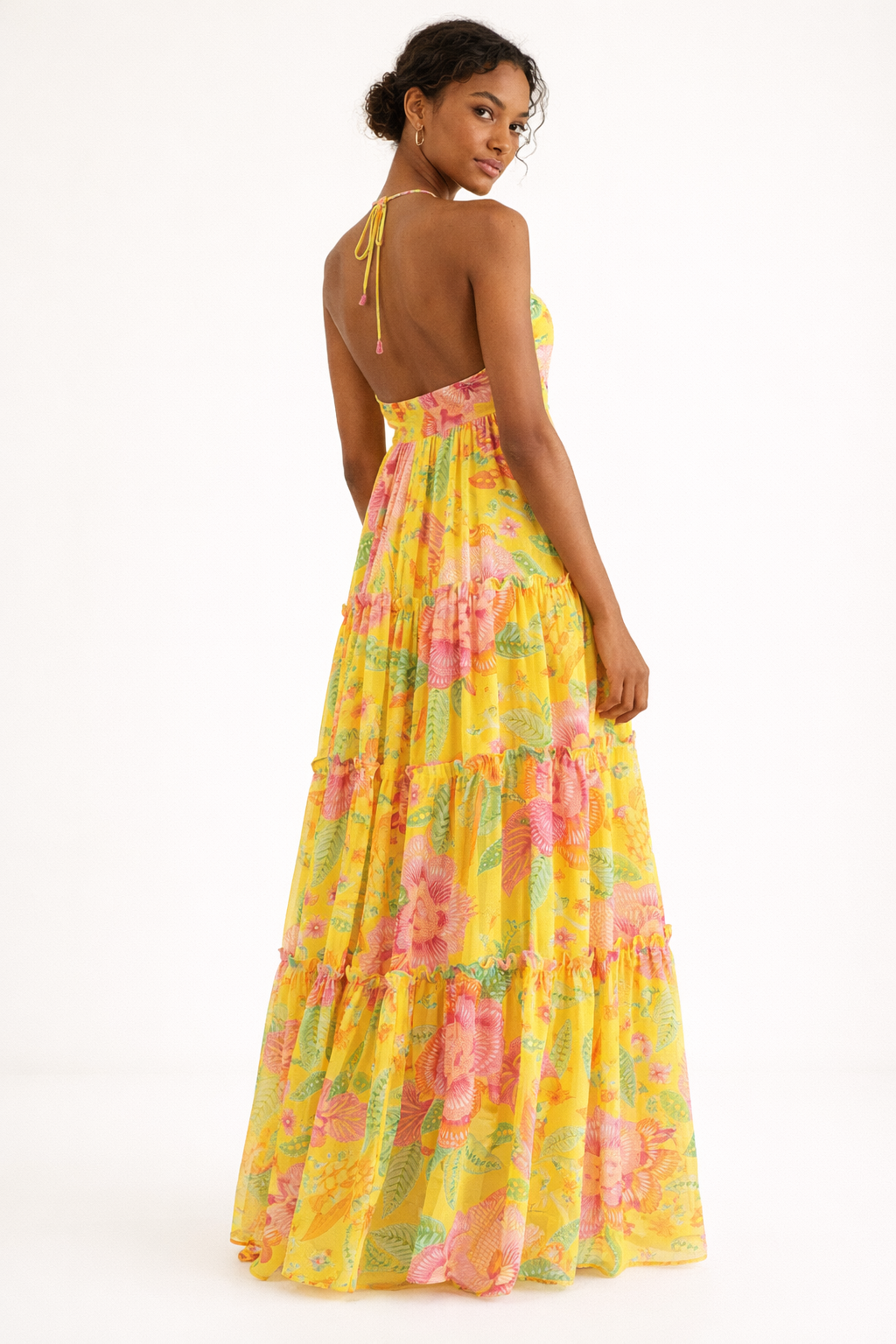 Langes Damenkleid mit dünnen Trägern und geblümtem Rock - Lirena