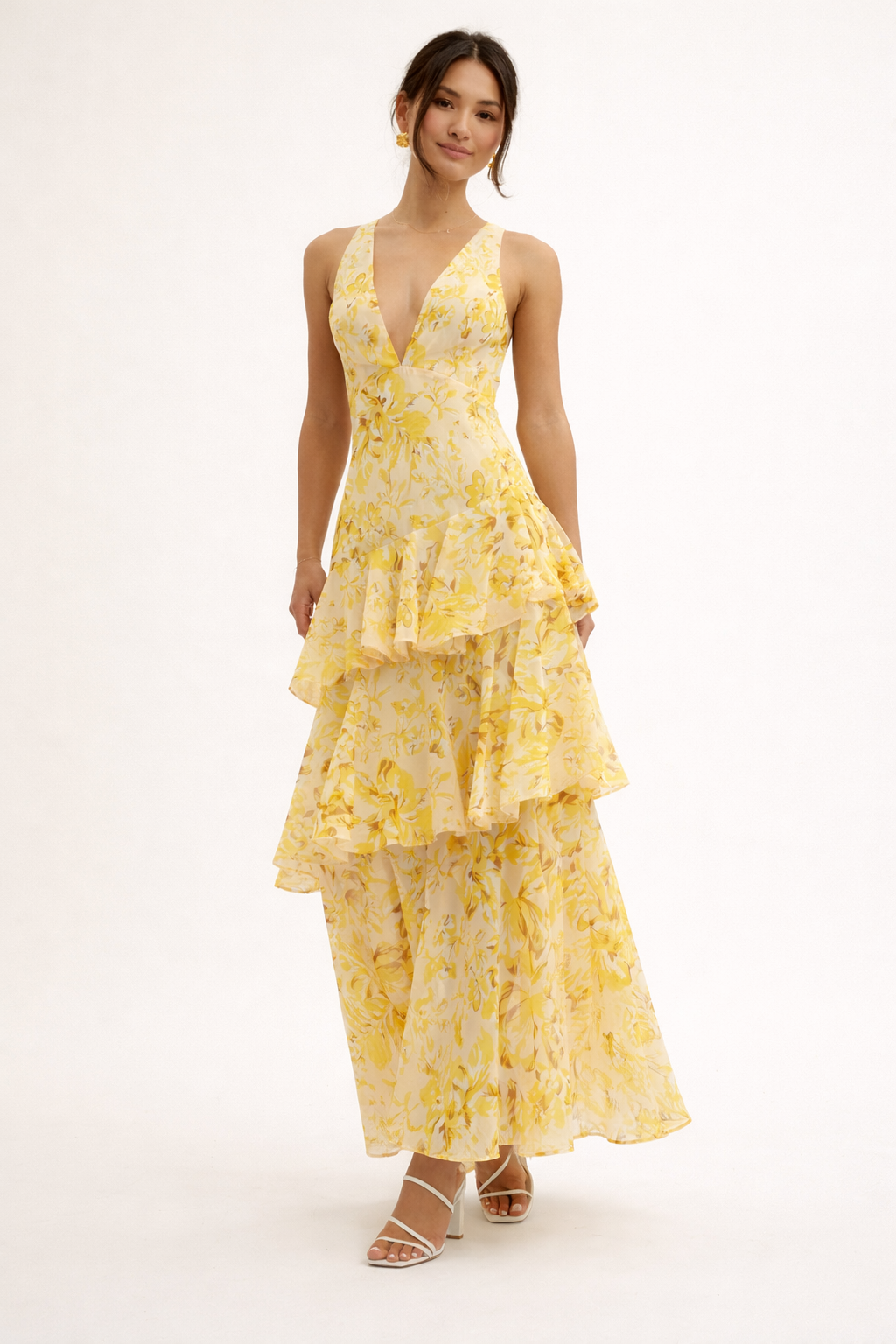 Langes Kleid mit Blumendruck und Rüschen - Camila