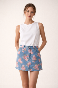 Jupe en denim à imprimé floral et coupe droite pour femmes - Letty