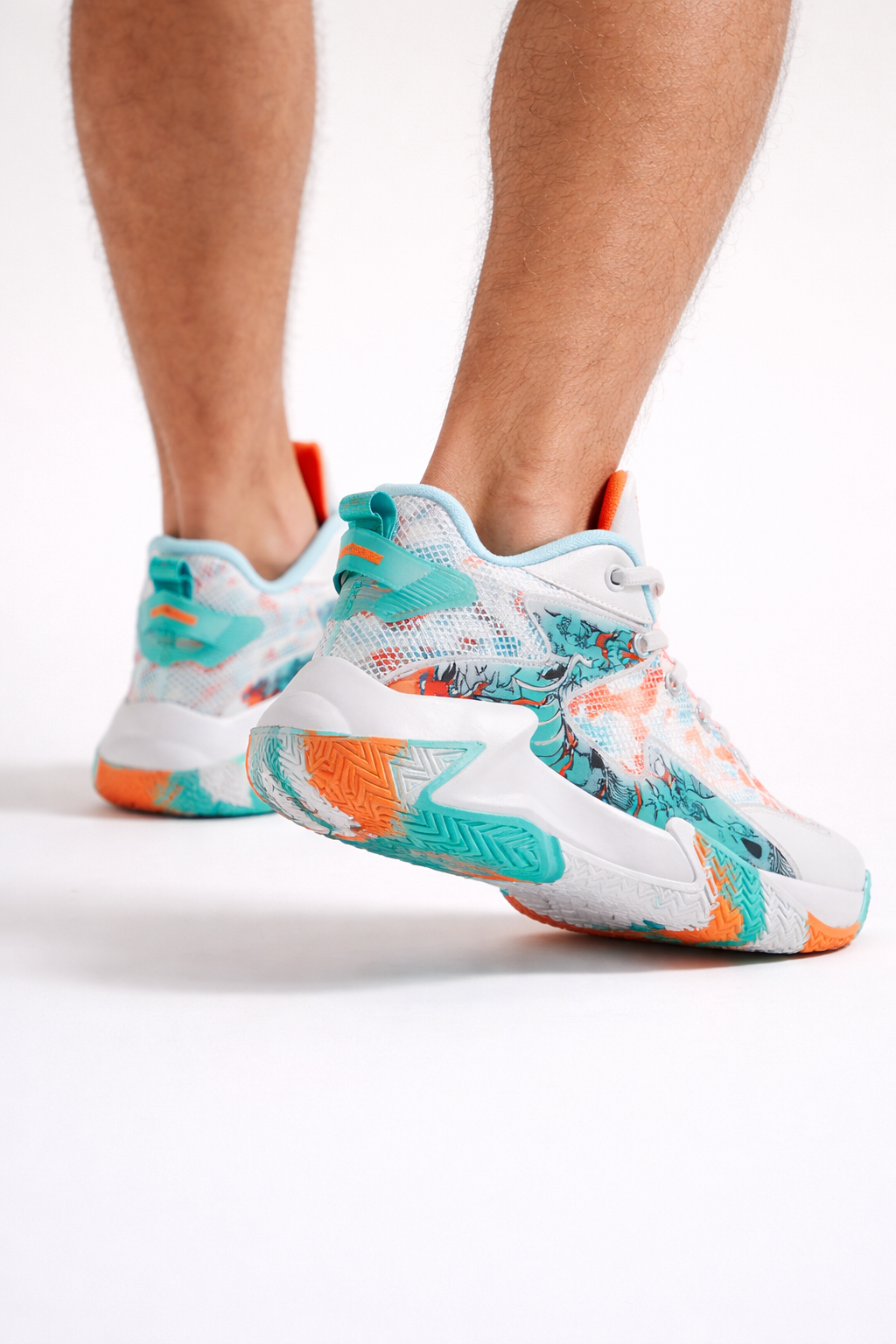 Herren Basketball Sneaker Mid-Cut grafisches Print weiß türkis orange – Volker