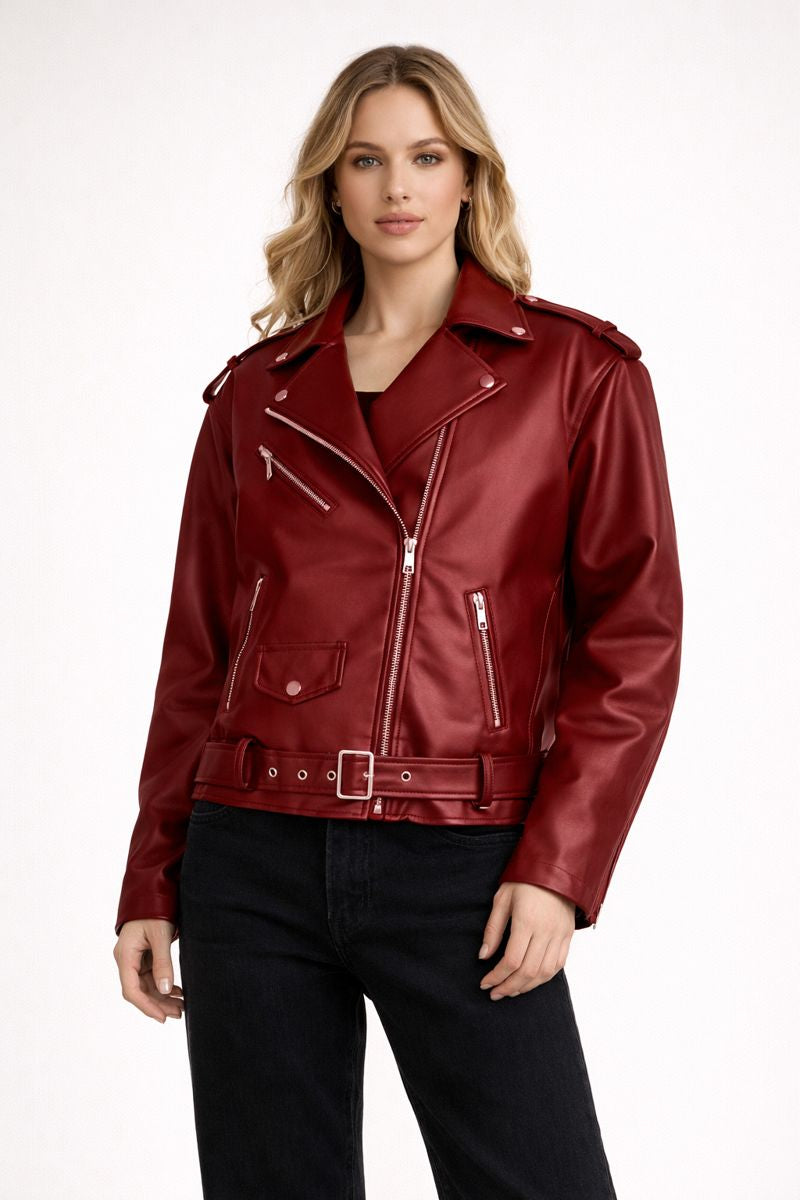 Damen-Bikerjacke mit Ledereffekt und Gürtel - Ylena