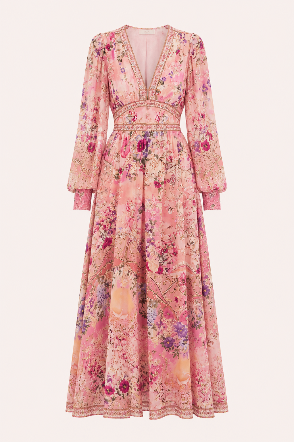 Damen Midikleid V-Ausschnitt hohe Taille Puffärmel - Connie