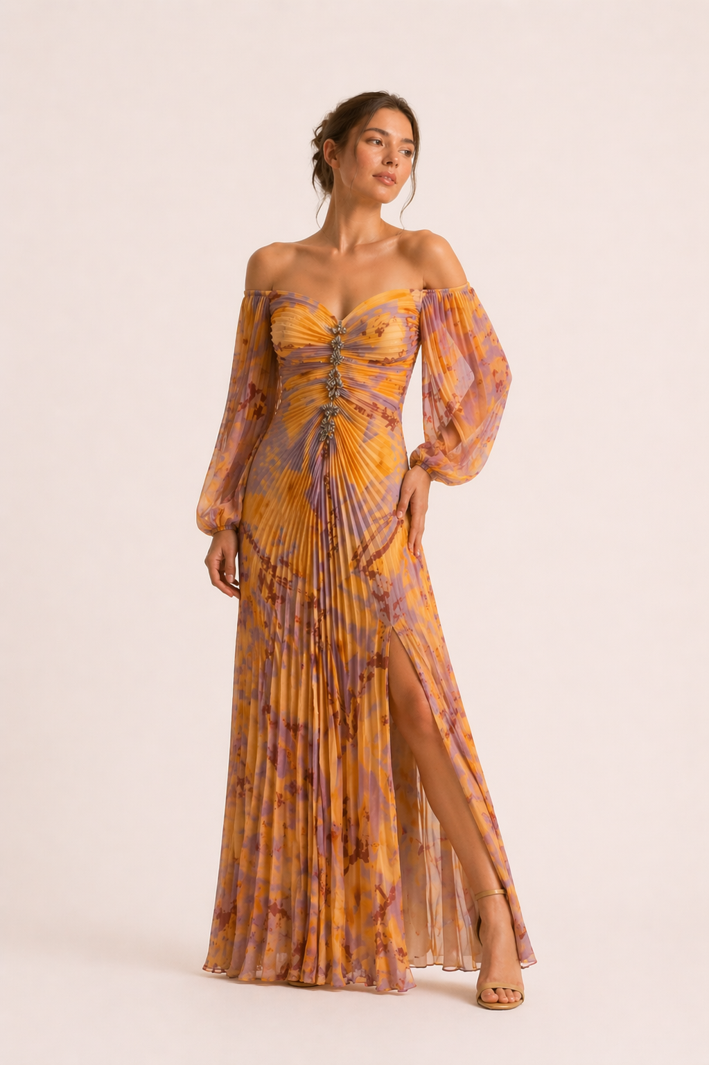 Langes elegantes Damenkleid mit plissiertem Schlitz - Lucia