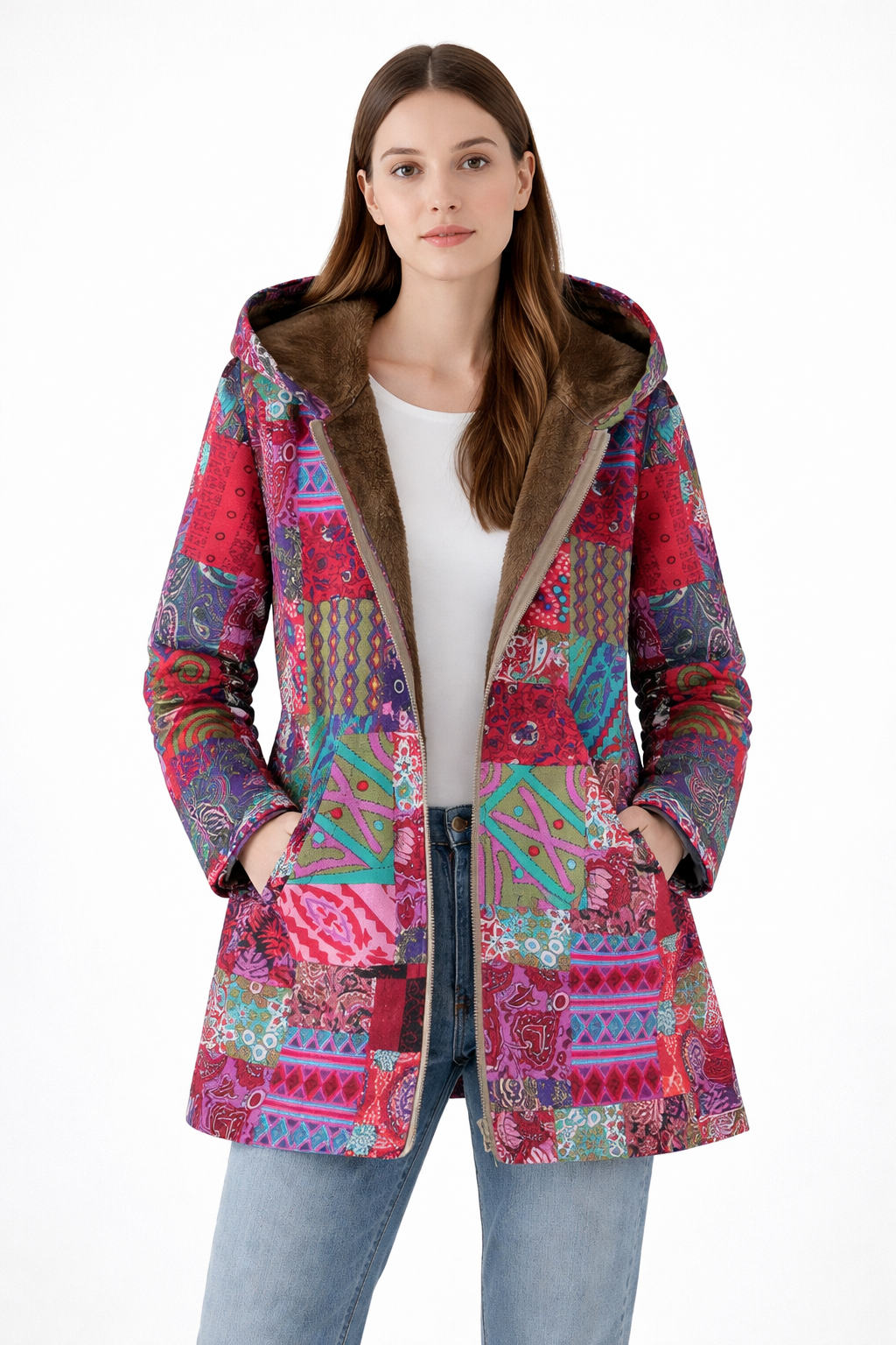 Damenmantel mit Kapuze und Retro-Thermodruck - Luny