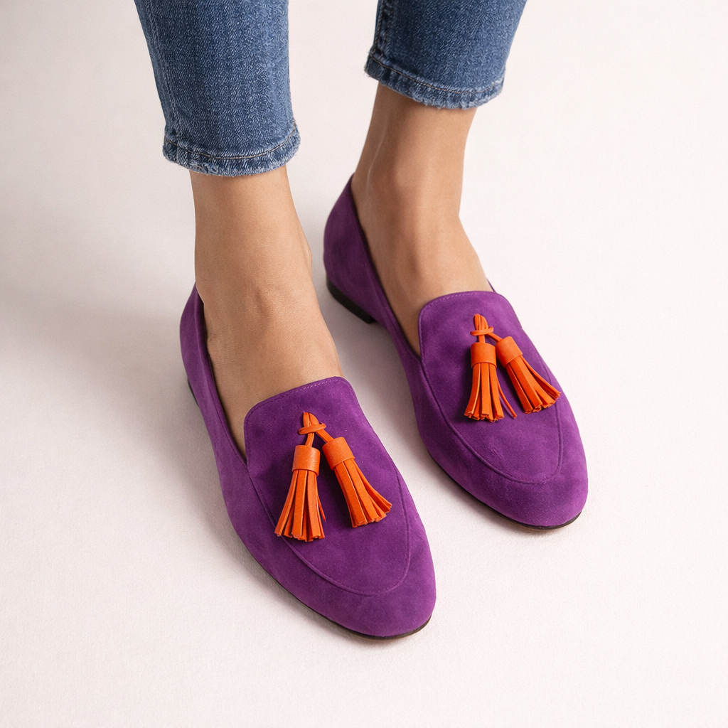 Damen Quasten Loafer Wildleder lila runde Zehe flache Sohle – Elvara