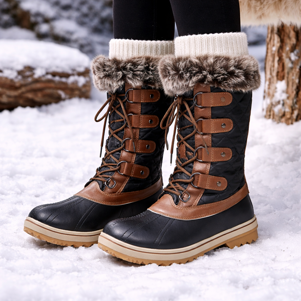 Flache Damenstiefel mit hohem Schaft und Schnürverschluss - Aelira