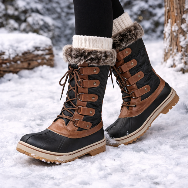Flache Damenstiefel mit hohem Schaft und Schnürverschluss - Aelira