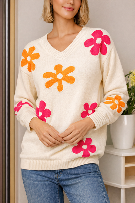 Damen Pullover mit V-Ausschnitt aus geblümtem Strick - Sahori