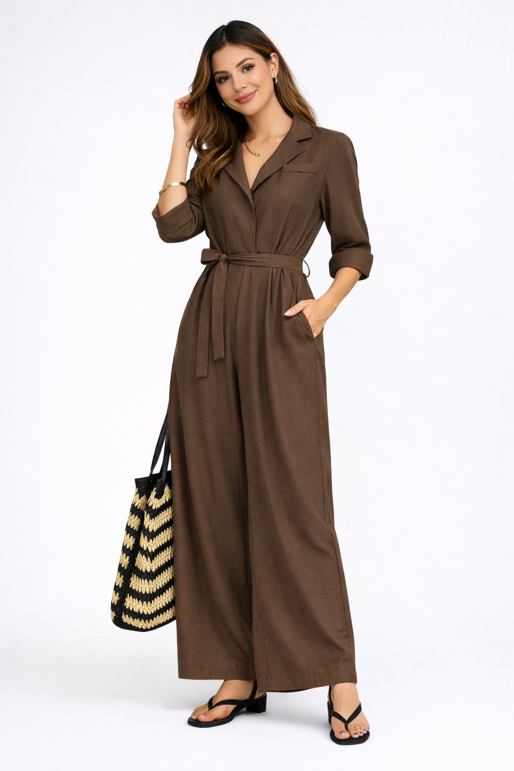 Langer Jumpsuit mit V-Ausschnitt und weitem Bein - Edna