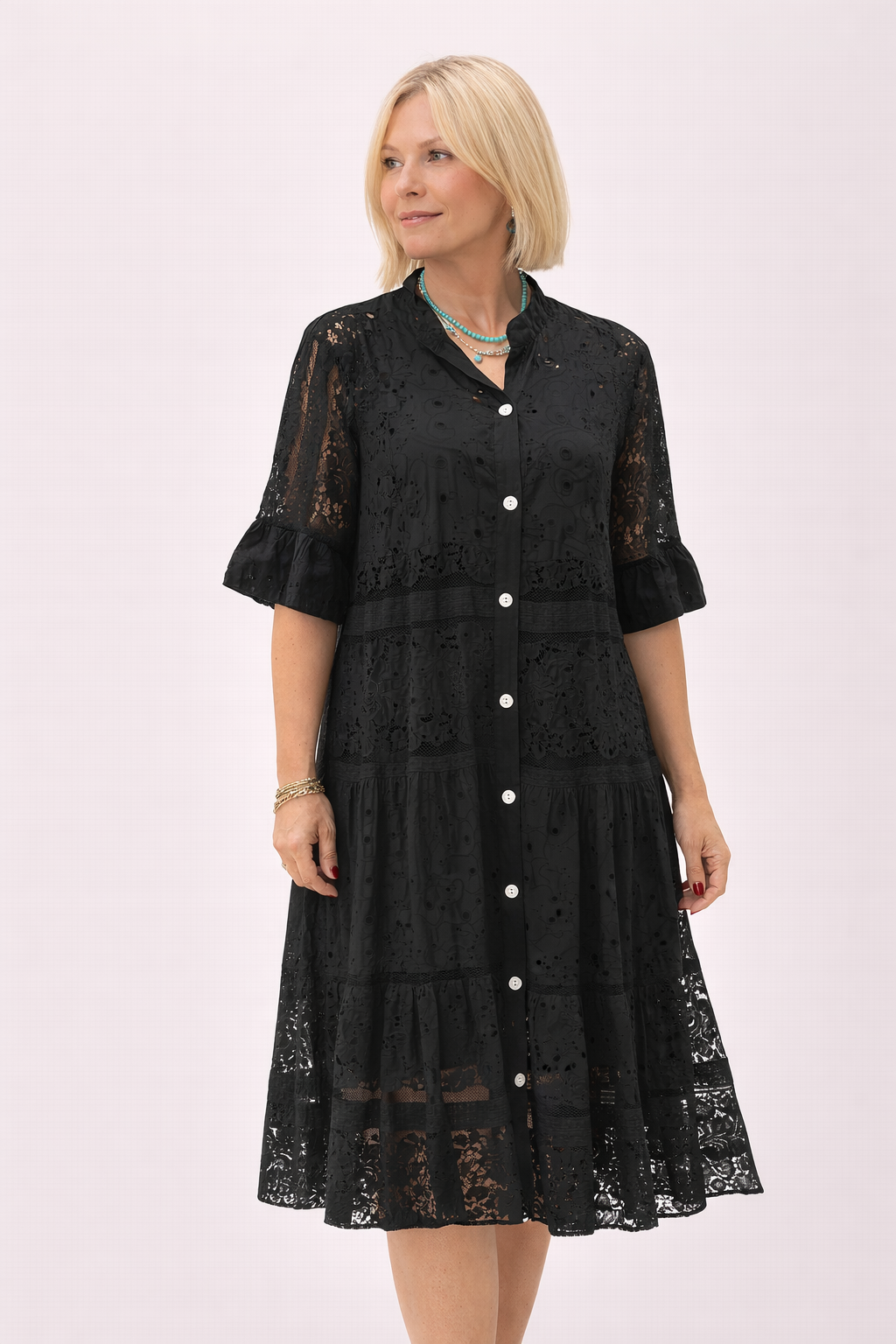 Besticktes Kleid mit Knopfleiste für Frauen - Merker