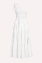 Langes Damenkleid mit einer Schulter, Schleife und Schlitz – Karla