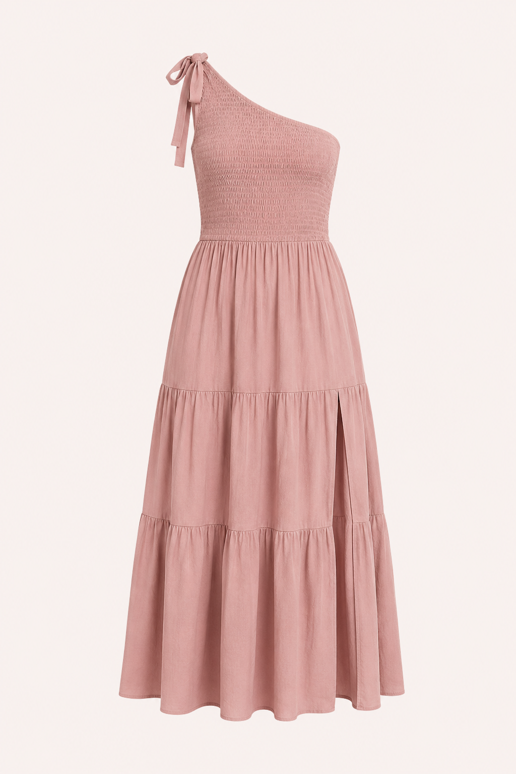 Langes Damenkleid mit einer Schulter, Schleife und Schlitz – Karla