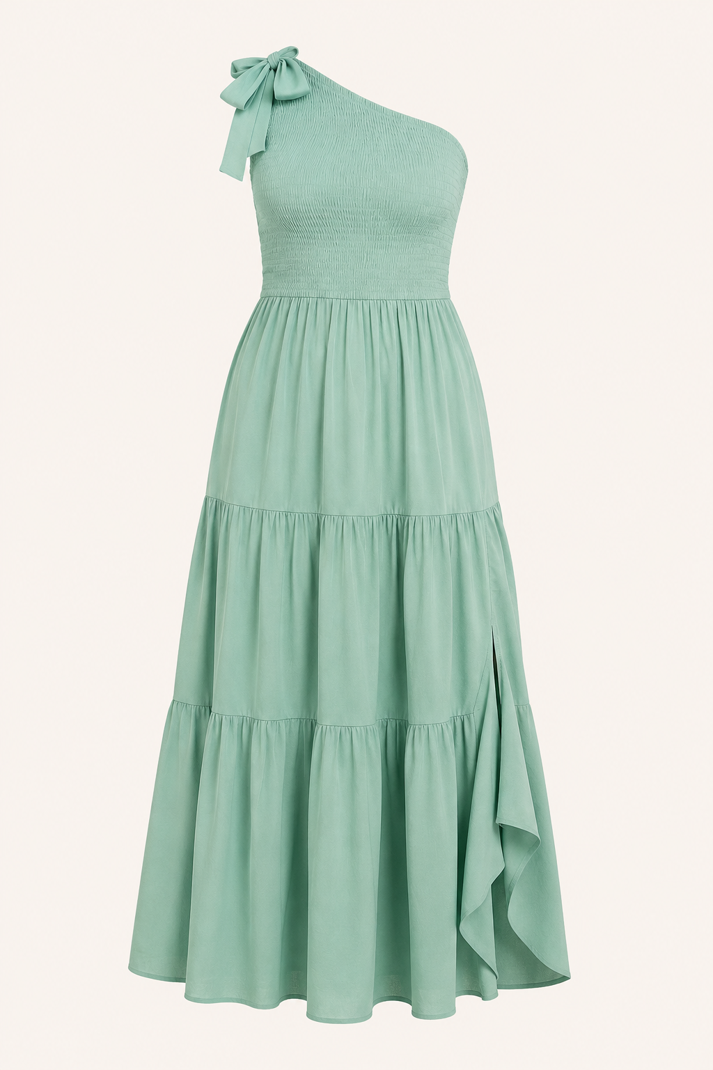 Langes Damenkleid mit einer Schulter, Schleife und Schlitz – Karla