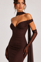 Langes Abendkleid für Damen mit Bardot-Ausschnitt und Schal – Fanny