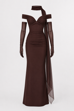 Langes Abendkleid für Damen mit Bardot-Ausschnitt und Schal – Fanny