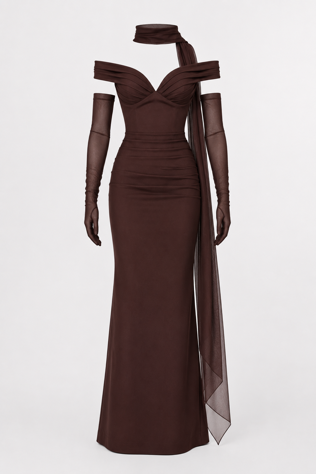 Langes Abendkleid für Damen mit Bardot-Ausschnitt und Schal – Fanny