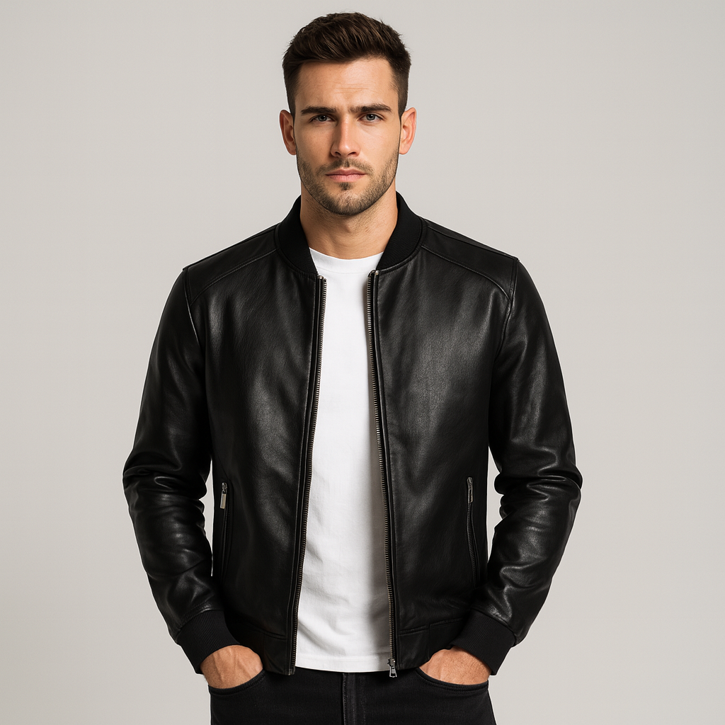 Herren Kunstleder Bomberjacke Slim Fit mit Metallreißverschluss – Valberg
