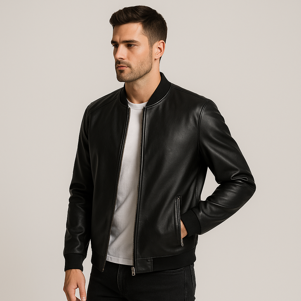 Herren Kunstleder Bomberjacke Slim Fit mit Metallreißverschluss – Valberg
