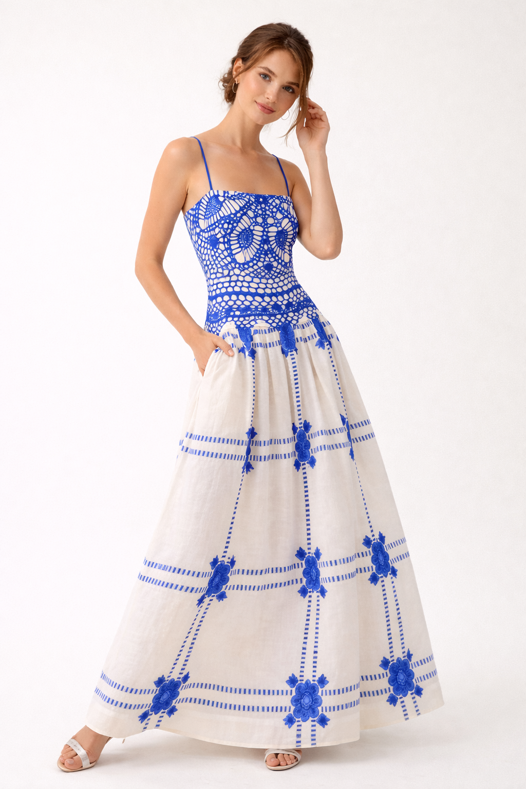 Midikleid mit Häkeldruck und dünnen Trägern für Frauen - Alba