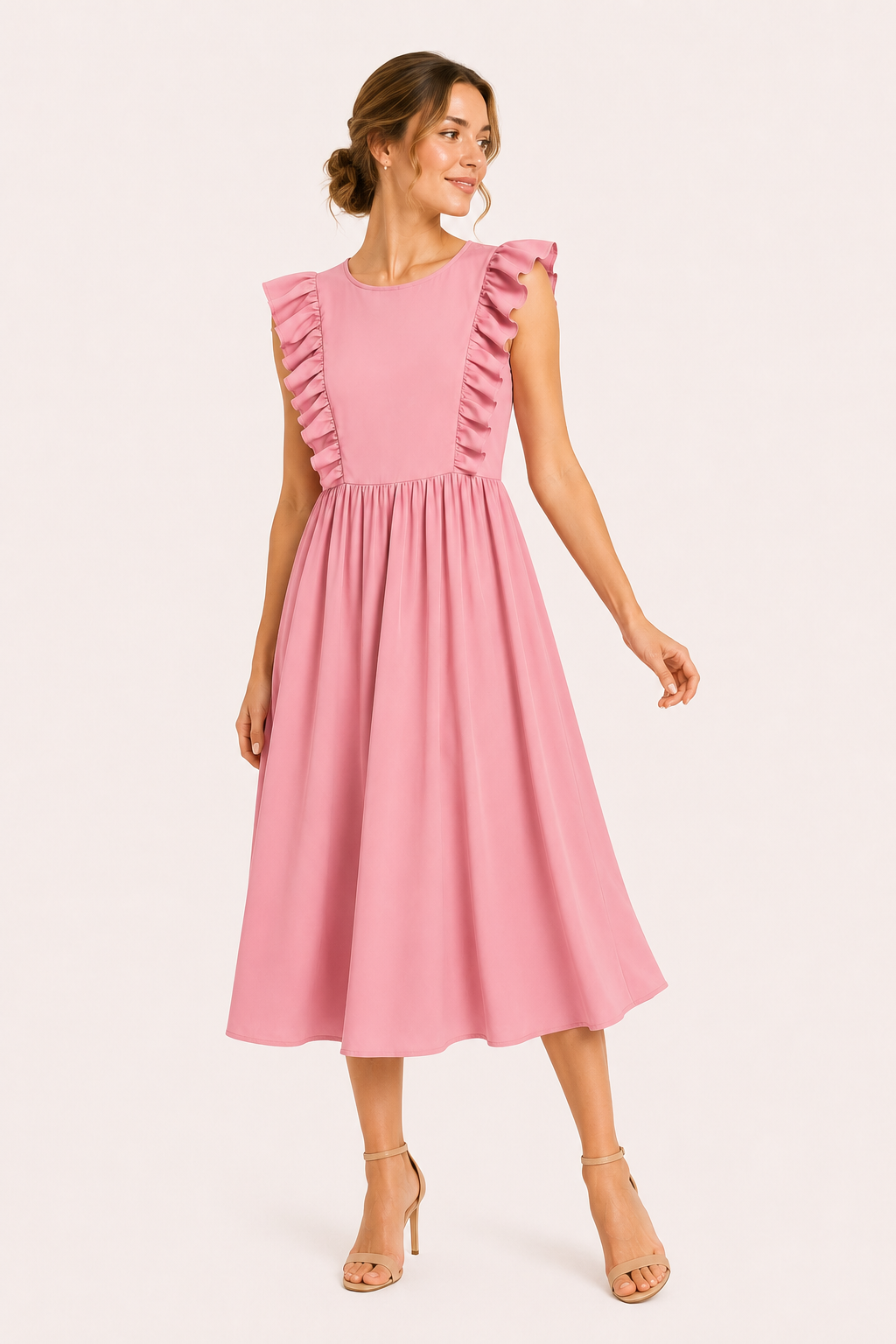Langes Damenkleid mit Rüschen an den Schultern und weitem Rock – Helena