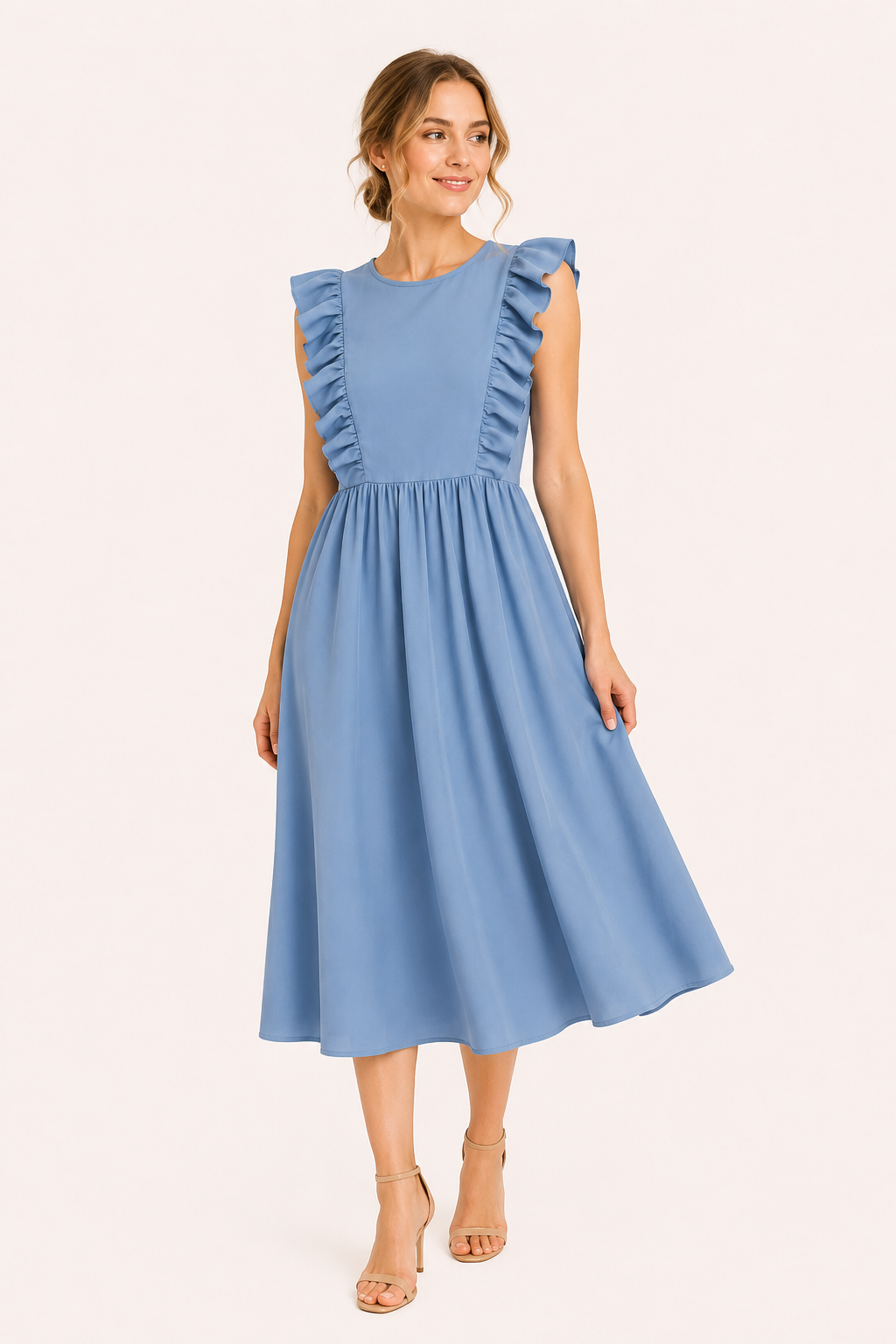 Langes Damenkleid mit Rüschen an den Schultern und weitem Rock – Helena