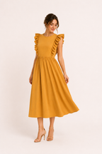 Langes Damenkleid mit Rüschen an den Schultern und weitem Rock – Helena