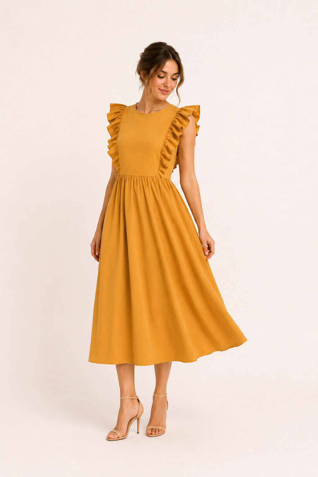 Langes Damenkleid mit Rüschen an den Schultern und weitem Rock – Helena