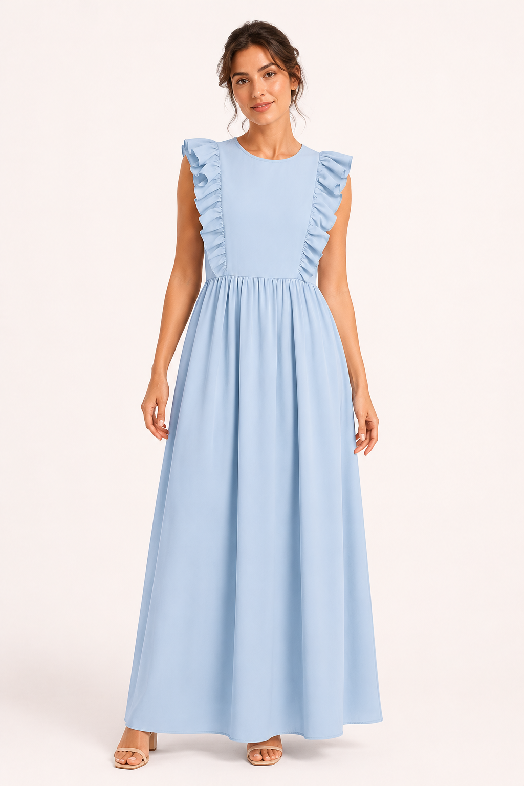 Langes Damenkleid mit Rüschen an den Schultern und weitem Rock – Helena