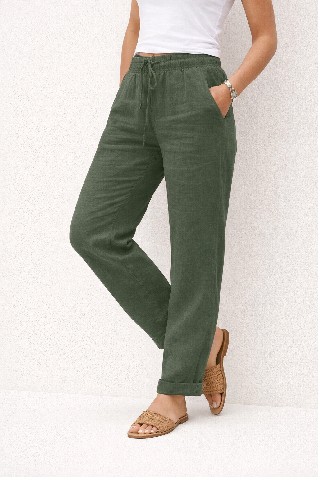 Leinenhose mit elastischem Bund und Kordelzug für Damen - Helga