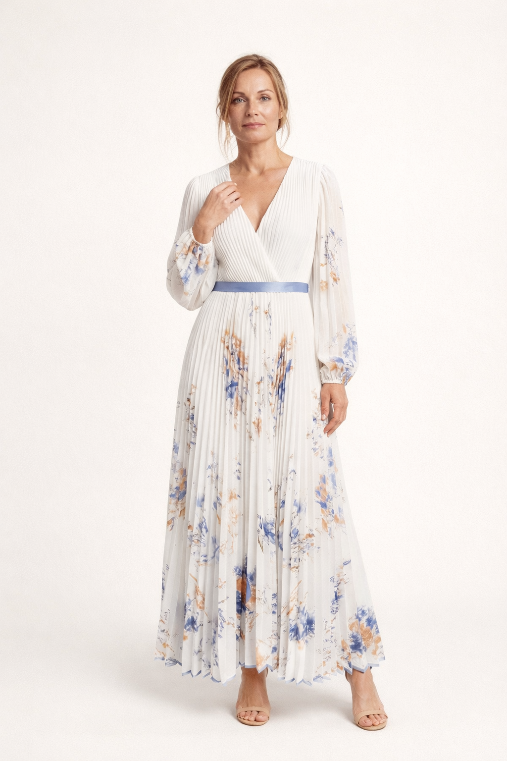 Plissiertes Maxikleid mit langen Ärmeln und überkreuztem Ausschnitt für Damen - Alwine