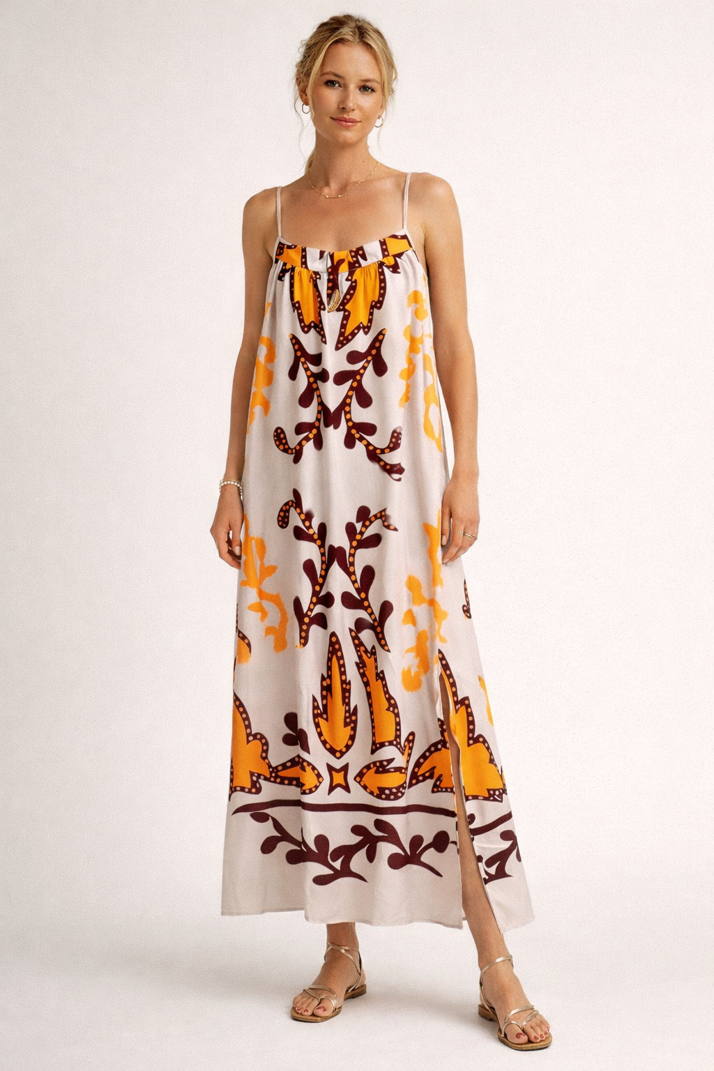 Maxikleid mit Ethnodruck und Trägern für Frauen - Alma