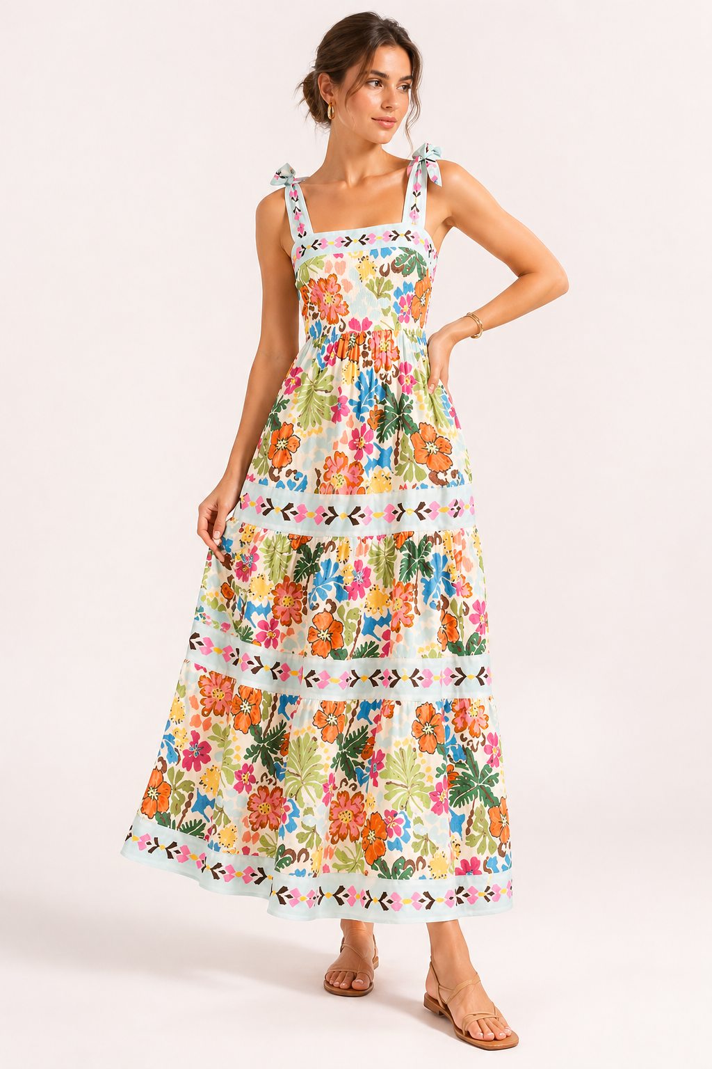 Damen Midikleid mit Blumendruck Trägern Sommer - Estela