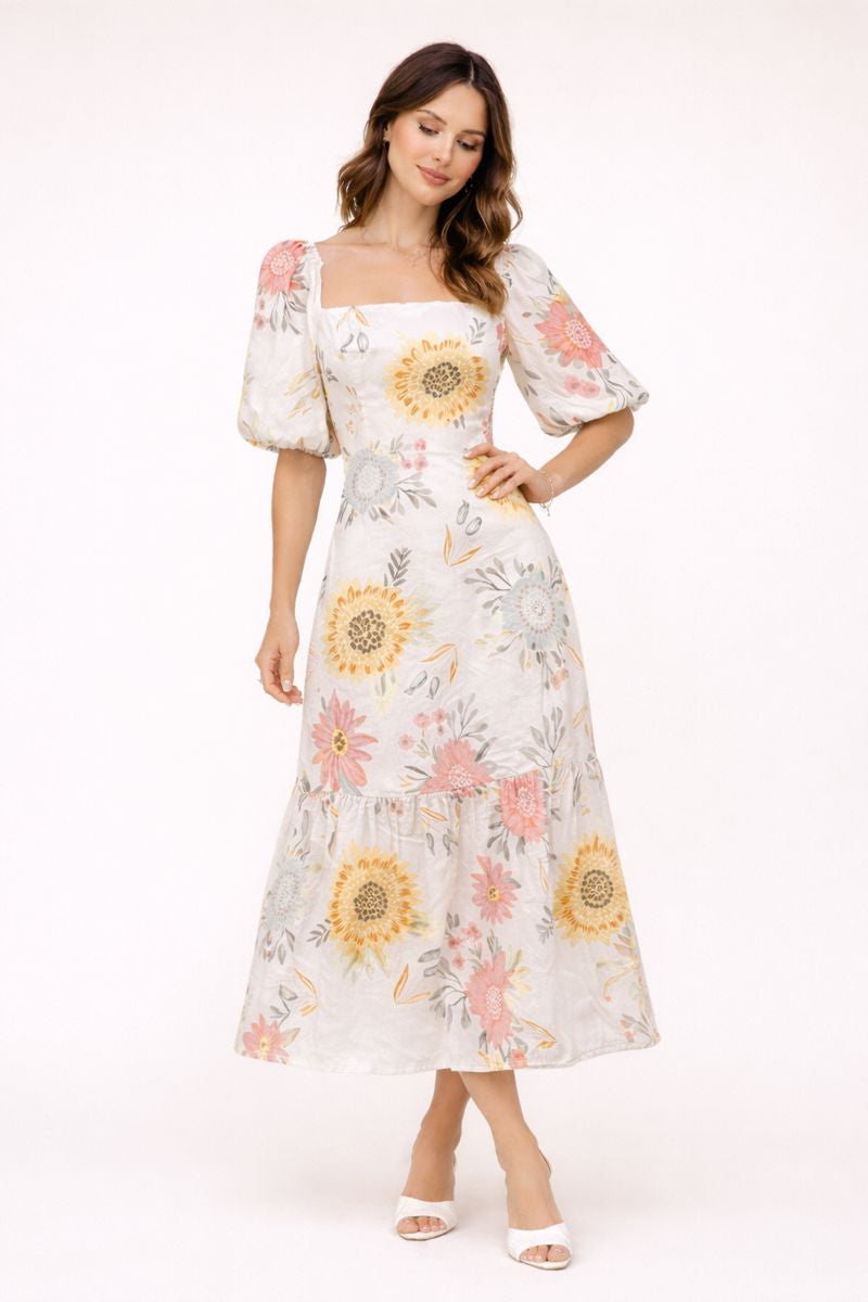 Damen-Midikleid mit Puffärmeln und Blumenmuster - Miry