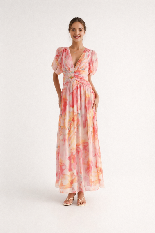 Robe longue imprimée avec décolleté en V pour femmes - Adriana No available