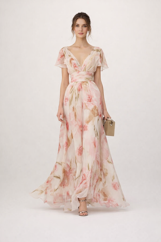 Robe longue à imprimé floral et décolleté en V pour femme - Isabella