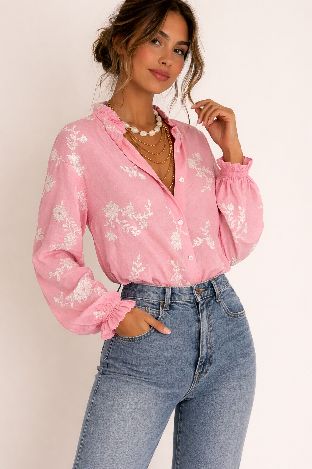 Damenbluse mit weiten Ärmeln und Blumendruck - Heidi