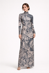 Langärmeliges Maxikleid für Damen mit hohem Halsausschnitt und Print - Baddie