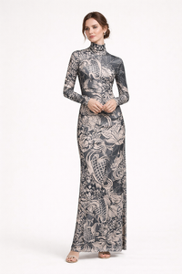 Langärmeliges Maxikleid für Damen mit hohem Halsausschnitt und Print - Baddie