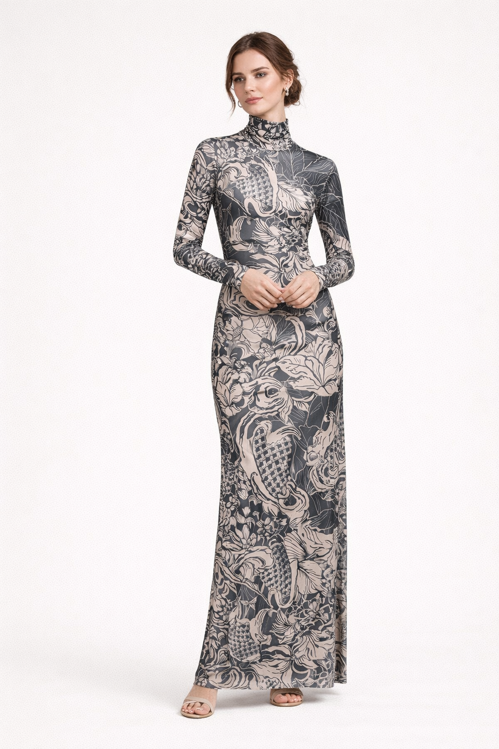 Langärmeliges Maxikleid für Damen mit hohem Halsausschnitt und Print - Baddie