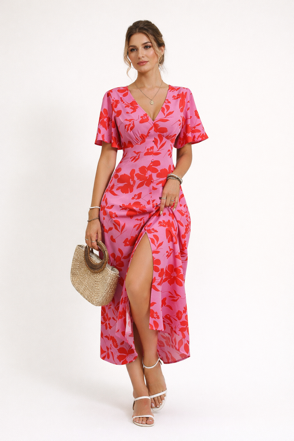 Midikleid mit Blumenmuster und Schlitz für Frauen - Amalia