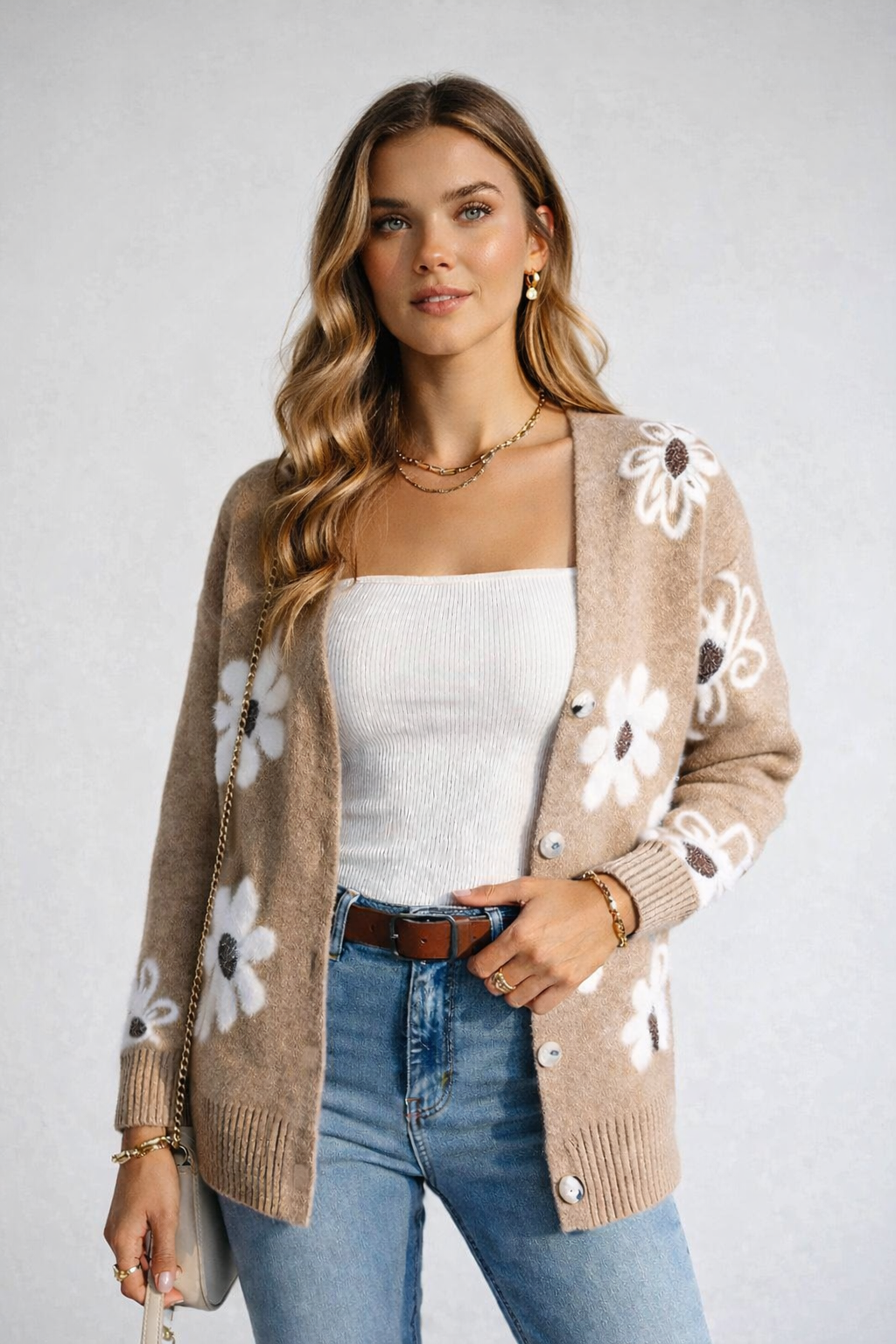 Damen Strickjacke mit Blumenmotiv - Arveth