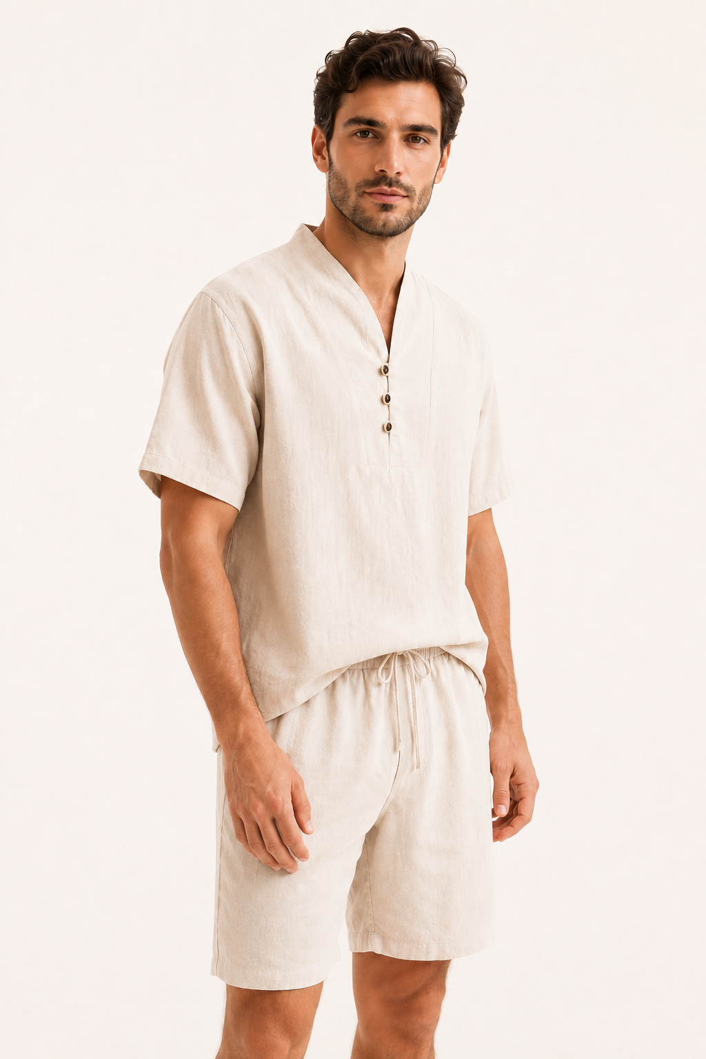Herren-Set aus Leinen und Baumwolle mit Stehkragen und Shorts – Armin