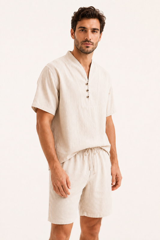 Herren-Set aus Leinen und Baumwolle mit Stehkragen und Shorts – Armin