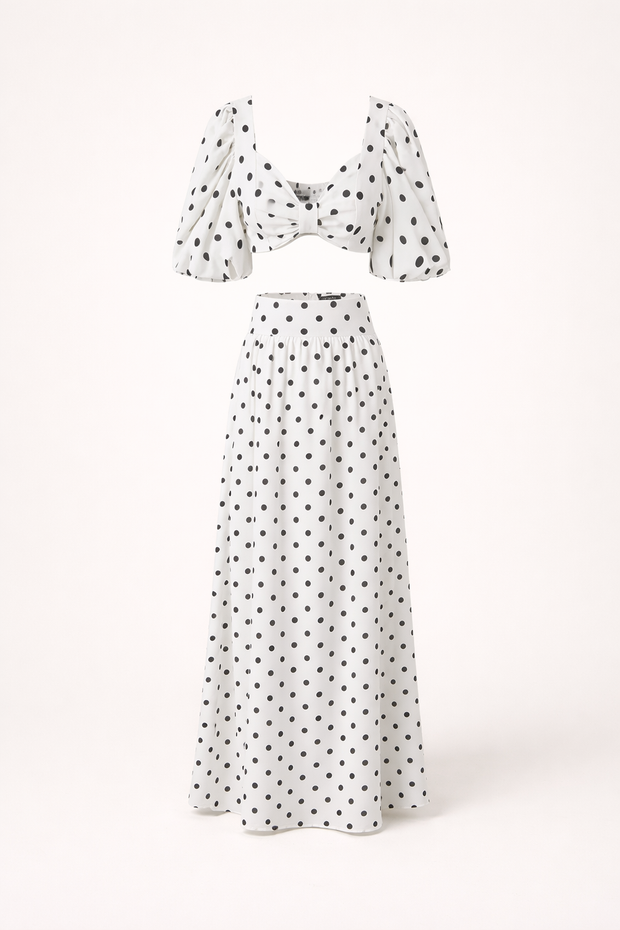 Ensemble top avec jupe maxi à manches bouffantes et imprimé à pois - Calista