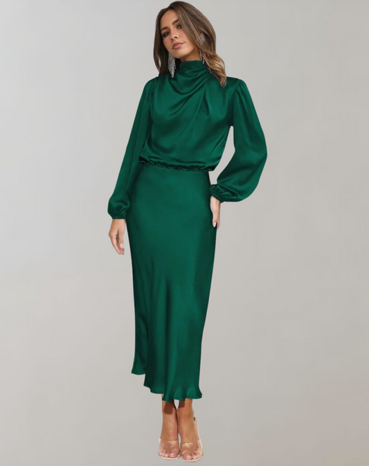 Damen Satin Kleid mit langen Ärmeln und hohem Ausschnitt - Eleonora