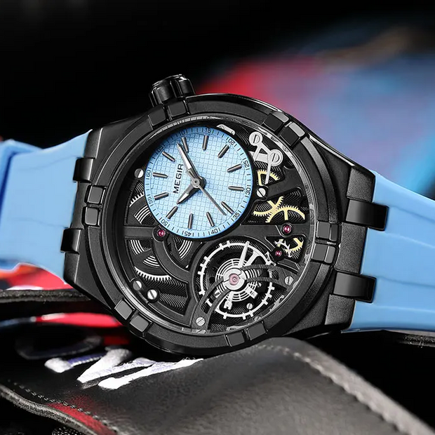 Montre mécanique à remontage automatique avec cadran ouvert et bracelet en silicone pour hommes